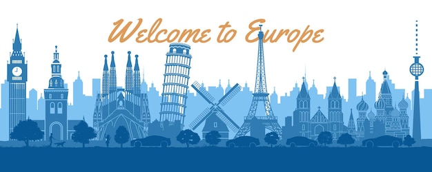 Vektor europa berühmte sehenswürdigkeiten nach silhouette-stil mit weißer und blauer farbe