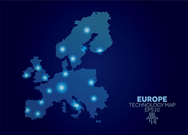 Vektor europa gepunktete technologiekarte modernes datenkommunikationskonzept