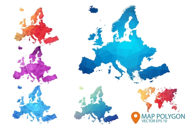 Vektor europa-karte set aus geometrischem zerknittertem dreieckigem low-poly-stil-gradienten-grafikhintergrund