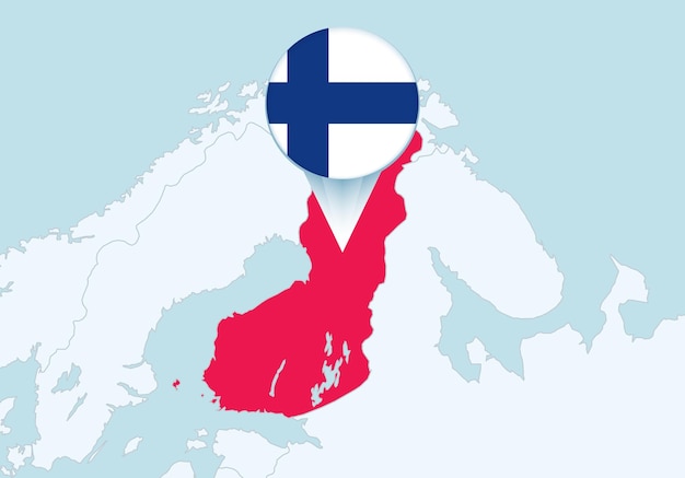 Vektor europa mit ausgewählter finnland-karte und finnland-flaggensymbol