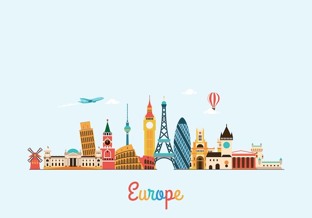 Vektor europa-skyline reise- und tourismushintergrund vektor-flache illustration