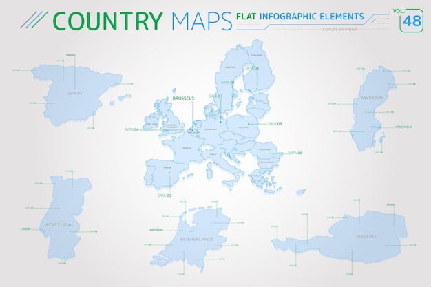 Europäische union spanien portugal schweden niederlande und österreich vektorkarten