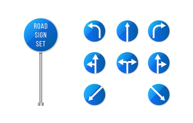 Europäische verkehrszeichen gesetzt. blaues abgerundetes straßenschild mit pfeilen. zeigerzeichen gesetzt.