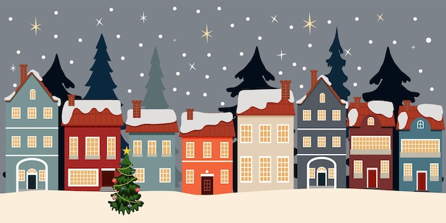 Vektor europäische weihnachtsstadt stadtstraße winterstadtszene vektorillustration für grußkarten-design