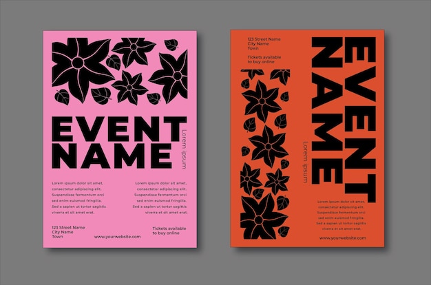 Event-Poster mit fettgedruckten Schlagzeilen in rosa und orangefarbenen Akzenten