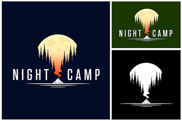 Evergreen pine tree silhouette feuer flamme brennendes holz und mond für bonfire campfire adventure logo