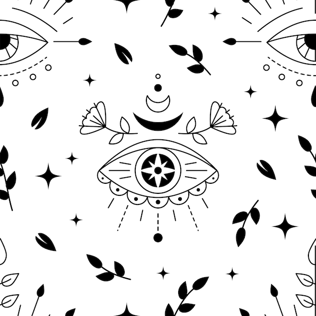 Evil eyes nahtloses muster line art verschiedene talismane und florale elemente schutz flaches, monochromes, trendiges design