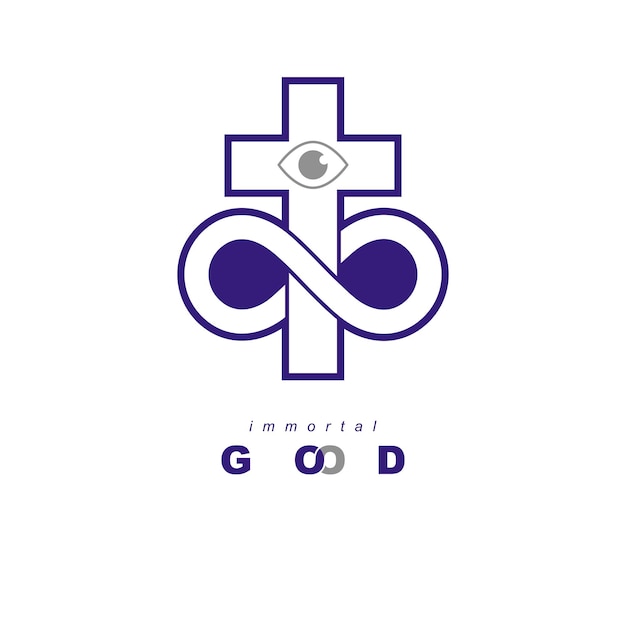 Ewiger Gott Vektor kreatives Symboldesign kombiniert mit unendlicher Endlosschleife und christlichem Kreuz, Vektorlogo oder Zeichen.