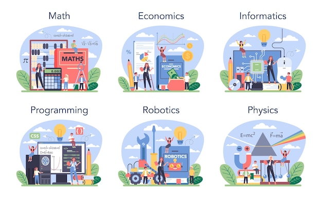 Exakte schulfächer oder pädagogisches klassenset. student, der harte wissenschaft studiert. modernes schulbildungssystem. mathematik, physik, informatik, wirtschaftswissenschaften. isolierte flache vektorillustration