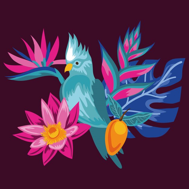 exotische Blumen und Blätter mit Vogelillustrationsdesign