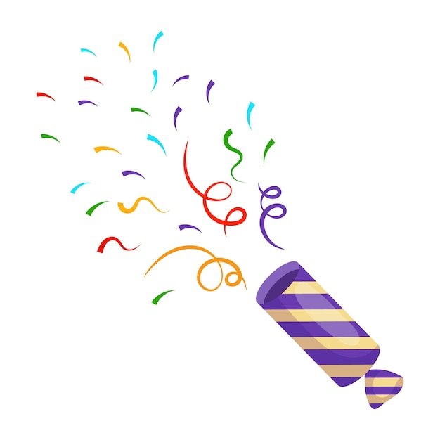 Vektor explodierender party-popper mit bändern, konfetti und schlangenförmigem feiertagssymbolvektor