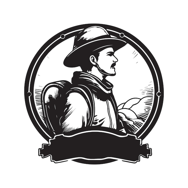 Explorer-Vintage-Logo-Konzept, schwarz-weiße, handgezeichnete Illustration