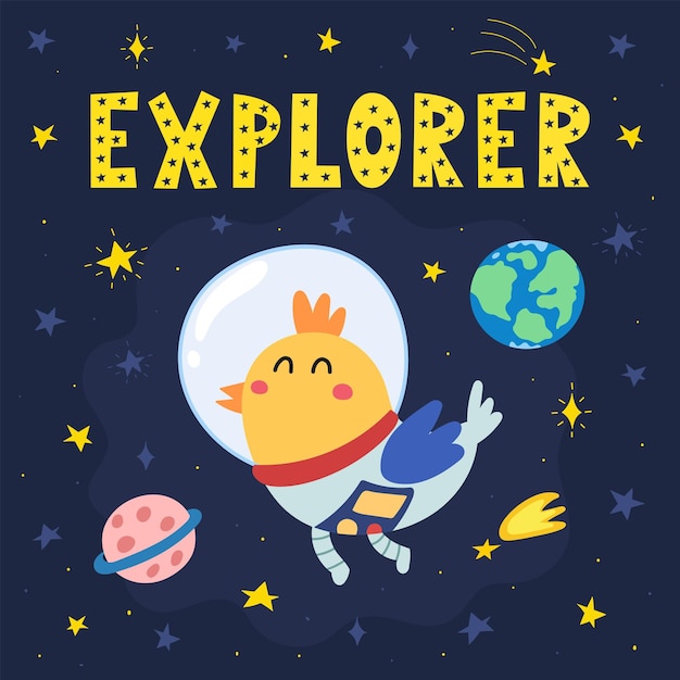 Explorer-weltraumdruck mit niedlichem vogel-astronauten. kosmische karte im cartoon-stil mit lustigem charakter