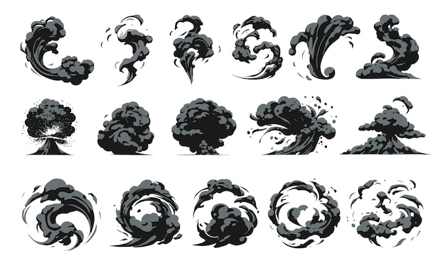 Explosion burst fire effekt von explodierten dynamit- oder atombomben mit energieflashes staubspritzen und rauchwolken cartoon-sammlung vektor-illustration