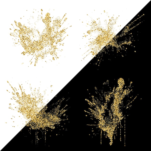 Vektor explosion von goldenem glitzer-konfetti. goldstaub und partikel spritzen oder schimmern. satz von designelementen mit funkelndem glitzer-textureffekt