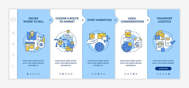 Exportieren Sie Business-Tipps Blau-Weiß-Onboarding-Vorlage Marketingstrategie Responsive mobile Website mit linearen Konzeptsymbolen Webseiten-Walkthrough Bildschirme mit 5 Schritten LatoBold Normale Schriftarten werden verwendet