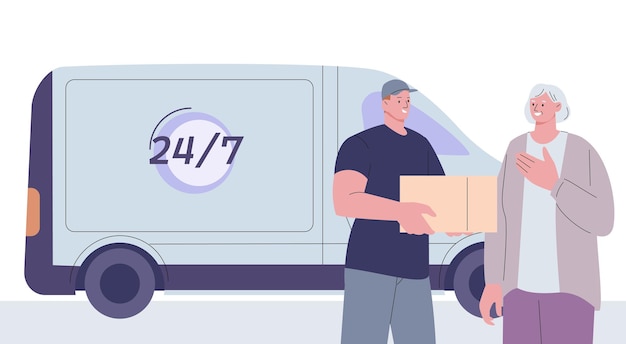 Expresslieferung rund um die uhr schifffahrtsgesellschaft logistische online-ordnung und postbote mit paket für alte frau vektortransportkonzept