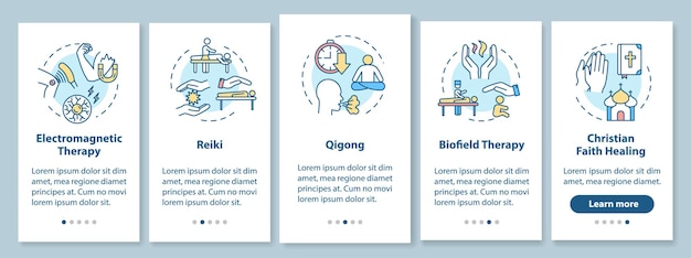 Externer energiemedizin onboarding mobiler app-seitenbildschirm mit konzepten. reiki, qigong, biofeldtherapie walkthrough fünf schritte grafische anleitung. ui-vektorvorlage mit rgb-farbabbildungen