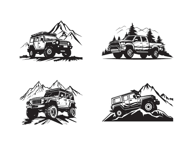 Extremes Geländewagen im Wald der Berge, Logo-Symbole gesetzt