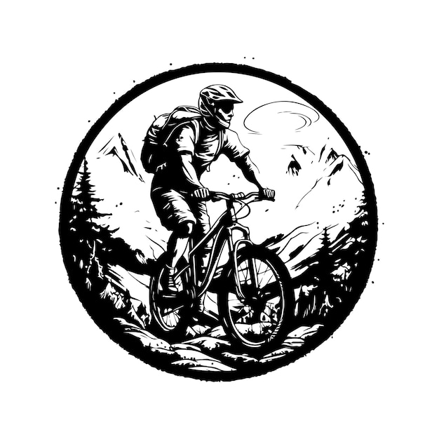 Extremsport-Mountainbiking-Vintage-Logo-Line-Art-Konzept schwarz-weiß handgezeichnete Illustration