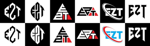 Vektor ezt-buchstaben-logo-design in sechs stilen. ezt-polygon-kreis-dreieck-sechseck-flacher und einfacher stil mit schwarzen und weißen farbvariationen. buchstaben-logo auf einer zeichenfläche. ezt-minimalistisches und klassisches logo