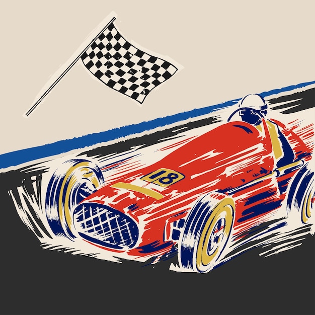 Vektor f1-autorennen-flagge und pilot, alte retro-vintage-illustration, poster-vorlage, design-vektorelemente