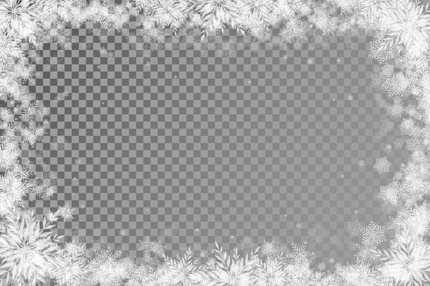 Fabelhafter weihnachtshintergrund mit transparenter basis und vielen schneeflocken um das rahmenlicht rechteckig