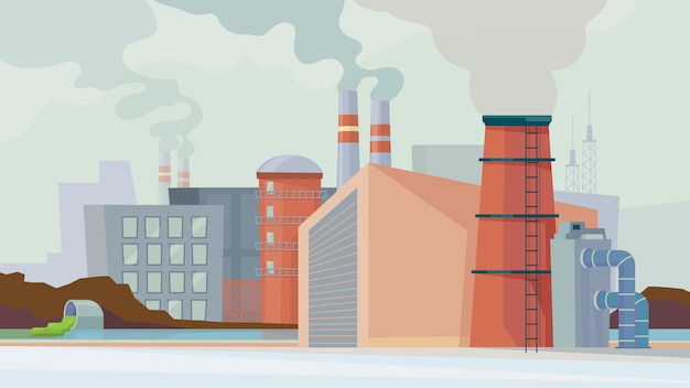 Fabrikgebäudeansicht, banner im flachen cartoon-design. industrieunternehmen mit rohrverschmutzungen rauch und dämpfe. industriearchitektur, manufakturentwicklung. vektor-illustration des web-hintergrunds