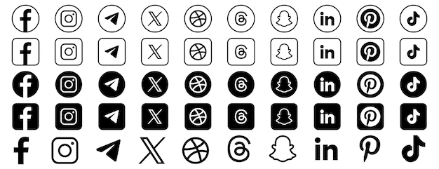 Vektor facebook instagram telegram x dribble threads snapchat linkedin pinterest tiktok set icons (ikonen für die einstellung von anzeigen)