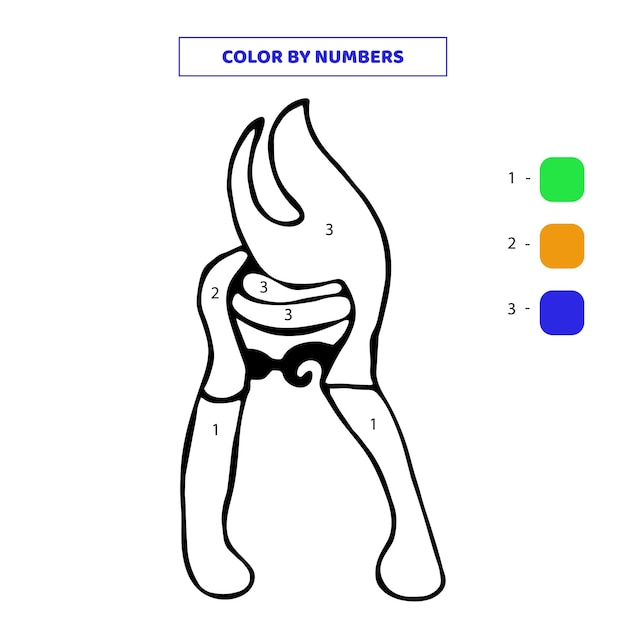 Färben sie das niedliche, handgezeichnete doodle-gartenscheren-symbol nach zahlen arbeitsblatt für kinder