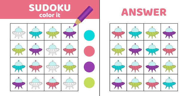 Färben von Sudoku mit fliegender Untertasse Sudoku Fliegende Untertasse Spiel für Kinder Cartoon Vektor Eps 10