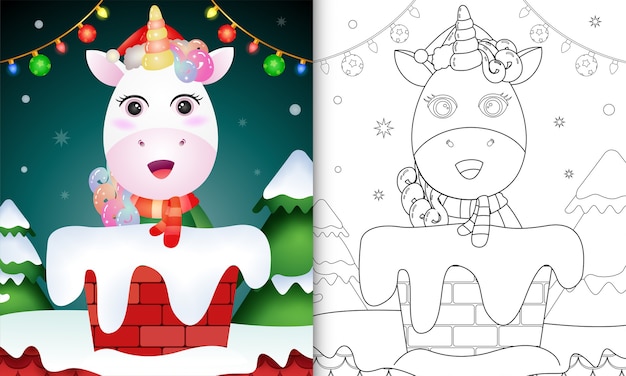 Färbung für kinder mit einem niedlichen einhorn mit weihnachtsmütze und schal im schornstein