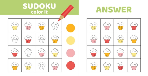 Färbungs-Sudoku Cupcake Sudoku mit vier Cupcakes Spiel für Kinder Cartoon-Vektor-Eps 10
