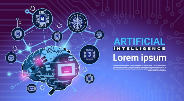 Fahne der künstlichen Intelligenz mit Cyber Brain Cog Wheel und Gängen über Motherboard-Hintergrund