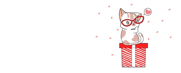Fahne, die nette katze und geschenkbox für glücklichen tag grüßt