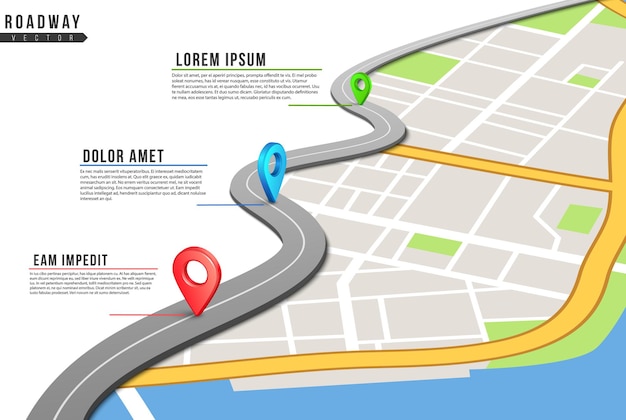 Fahrbahn infografik. standortkarte, autobahn-fixpunkte mit informationen. stadtplan und navigations-gps-standorte.