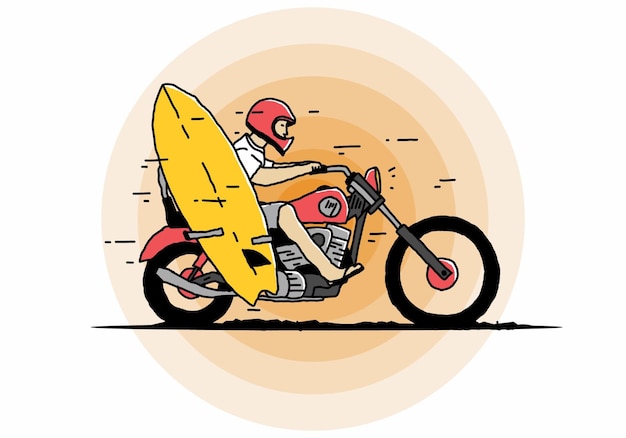 Fahren sie motorrad mit surfbrettillustration