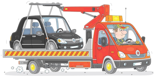 Fahrer in einem Störwagen mit einem kaputten Auto, der es zur Reparatur zu einem Service-Zentrum bringt