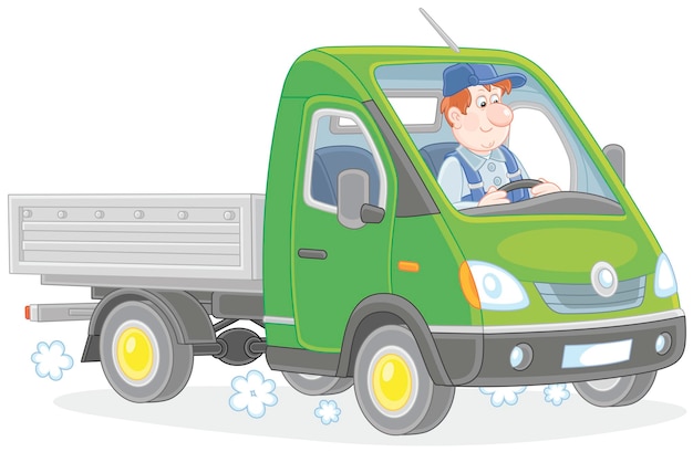 Fahrer in seiner kleinen grünen LKW-Vektor-Cartoon-Illustration