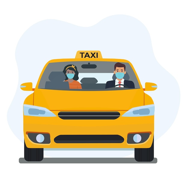 Vektor fahrer und beifahrer in einer medizinischen maske in einem taxi. illustration