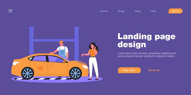 Fahrerin und kaputtes Auto beim Autoservice. Frau im Gespräch mit Mechaniker, Arbeiter untersucht flache Vektorillustration des beschädigten Fahrzeugs. Autoreparaturkonzept für Banner, Website-Design oder Landing-Webseite