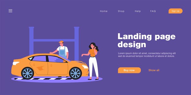 Fahrerin und kaputtes auto beim autoservice. frau im gespräch mit mechaniker, arbeiter untersucht flache vektorillustration des beschädigten fahrzeugs. autoreparaturkonzept für banner, website-design oder landing-webseite