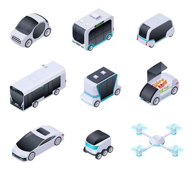 Fahrerlose Autos. Zukünftige intelligente Fahrzeuge. Unbemannter Stadtverkehr, autonomer LKW und Drohne. Isometrische Vektor isolierte Symbole