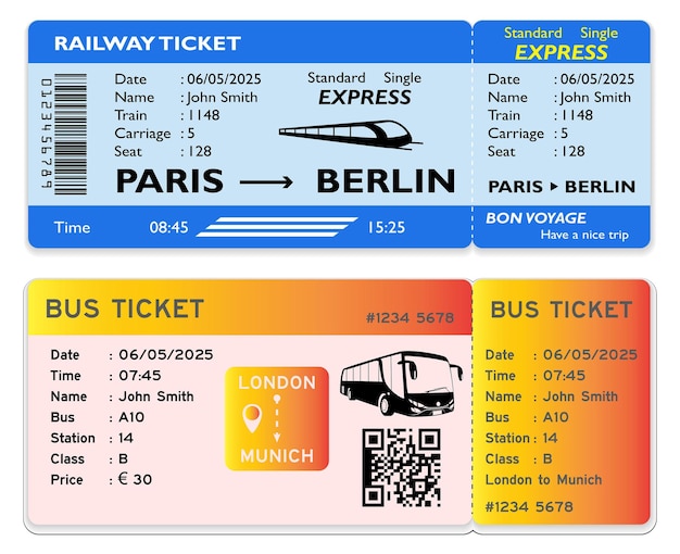 Fahrkarten für bus, flugzeug und bahn. ticket-reiseset. ticket mit strichcode. ausweiskarte.
