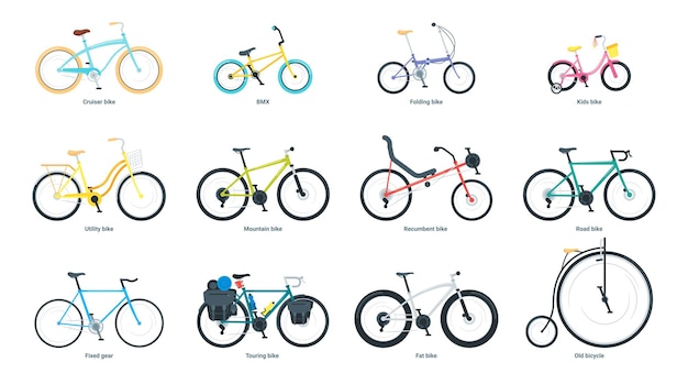 Fahrrad flache vektorgrafiken eingestellt. ausrüstung für outdoor-aktivitäten-cartoon-cliparts. bmx, mountain, road, utility, tourenrad. öko-transport, pedalbetriebenes fahrzeug isoliertes designelement