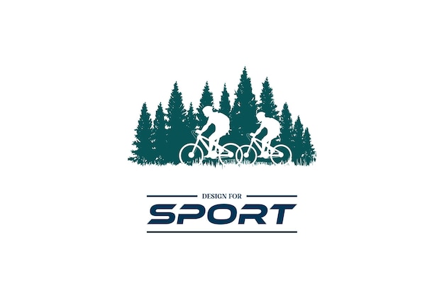 Fahrrad oder fahrrad mit kiefer-zeder-nadelbaum-tanne immergrüner baumwald für sportclub-logo-design-vektor