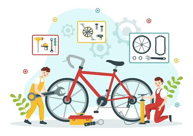 Fahrrad- und Fahrradwerkzeugsatz Illustration eines Mechanikers, der Fahrräder mit Ersatzteilen repariert