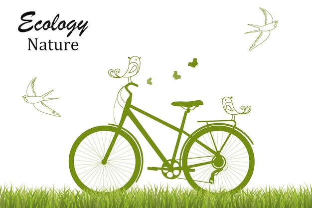 Vektor fahrrad und vögel auf dem grünen gras ökologisch saubere welt handgezeichnetes ökologiekonzept
