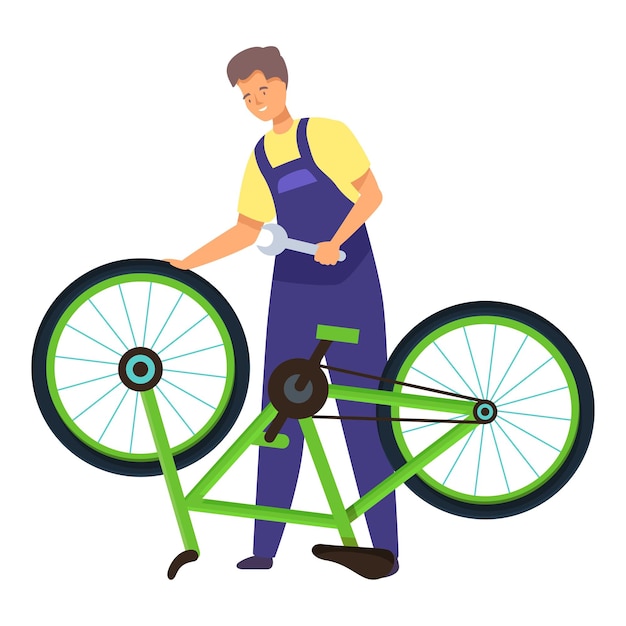 Fahrradmechaniker repariert ein grünes Fahrrad mit einem Schraubenschlüssel