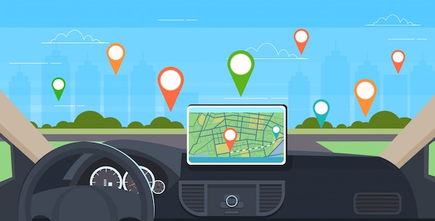Fahrzeugcockpit mit intelligenter Fahrunterstützung Automobilcomputer GPS-Navigationssystem auf Armaturenbrettbildschirm Multimedia-Konzept moderner Fahrzeuginnenraum horizontal